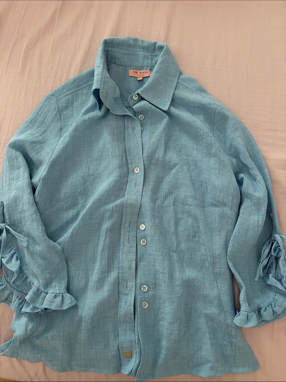 Ted Baker Light Blue Linen Button-Down Shirt with Tie Cuffs